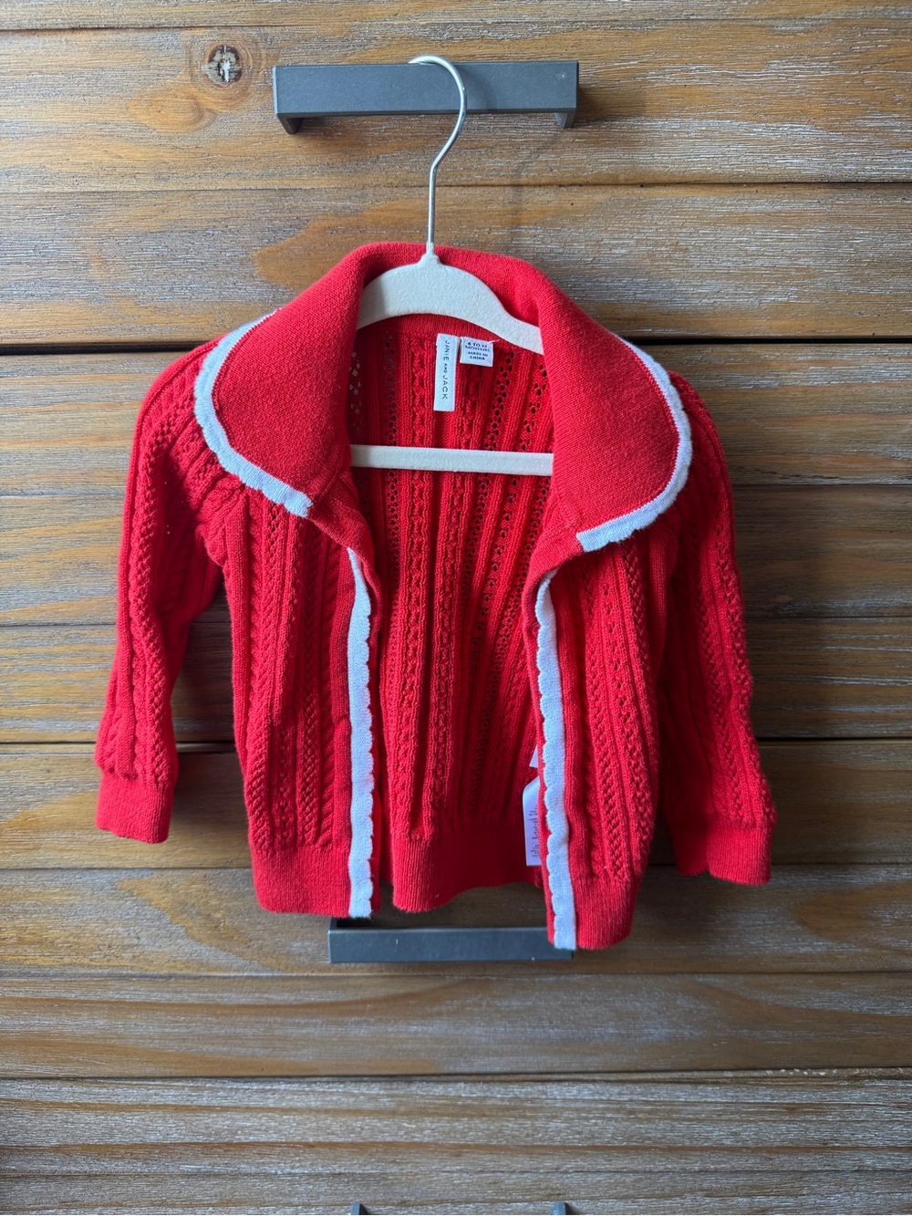 Janie and Jack Red Knit Open-Front Cardigan with White Trim Baby Girl